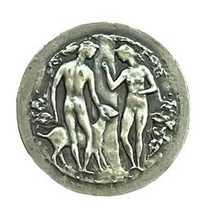Antique Brooch French, Silver Large brooch. Adam and Eve. Medal by Belmondo.
